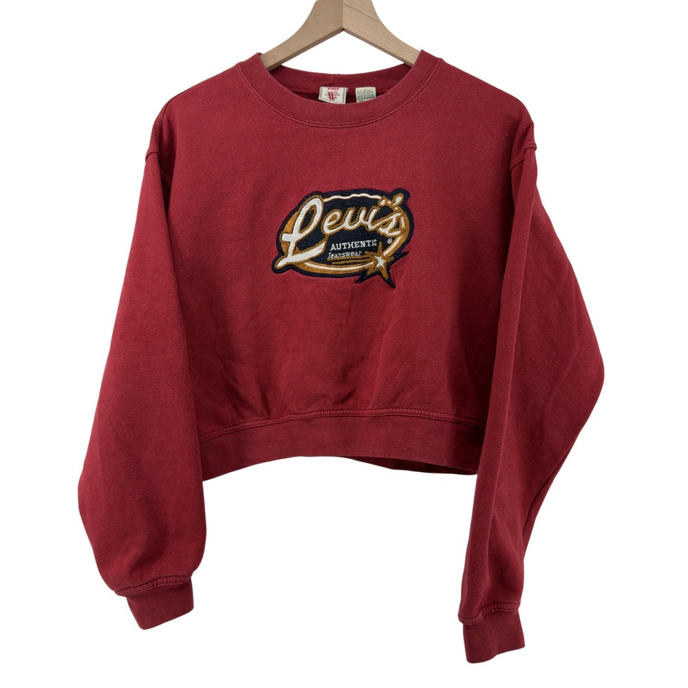 Vintage Levi's‎ Cropped Crew Neck Sweatshirt Red Women L Made in Saipan USA Logo